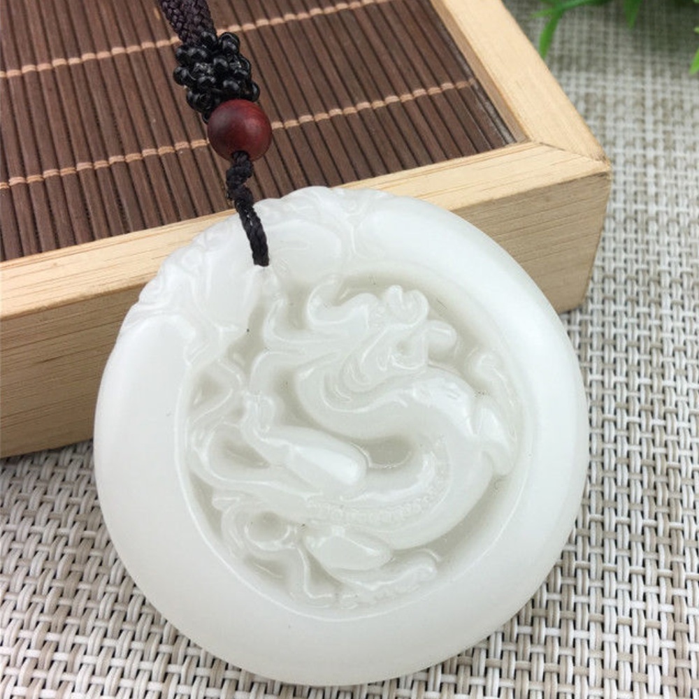 Natural white Jade Dragon Pendant with Free Neckla